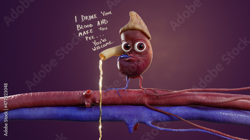 Educational Humorous 3D Graphic with Kurt the Kidney, featuring kidney, renal artery, renal vein, adrenal gland, text, ureter, urine