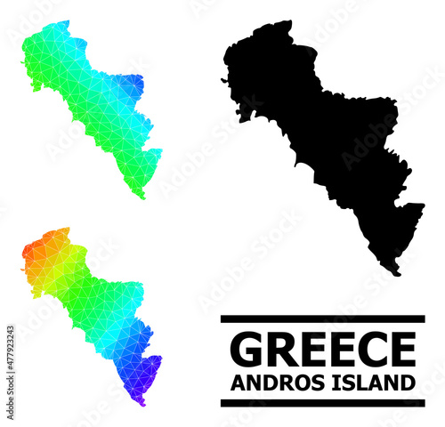 Vector low-poly spectral colored map of Greece - Andros Island with diagonal gradient. Triangulated map of Greece - Andros Island polygonal illustration.