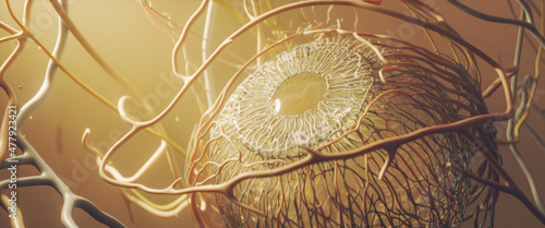 Artistic close up of human eye anatomy in gold with lights