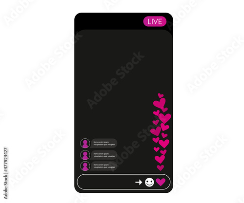 Interface with stream of flying hearts. Like elements for social media live translation. Vector illustration.