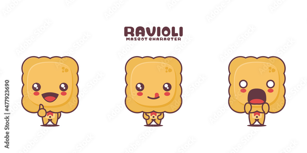 vector ravioli cartoon mascot, italian food illustration, with different expressions