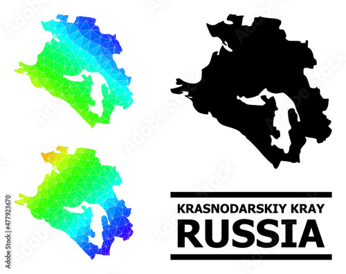 Vector low-poly rainbow colored map of Krasnodarskiy Kray with diagonal gradient. Triangulated map of Krasnodarskiy Kray polygonal illustration.