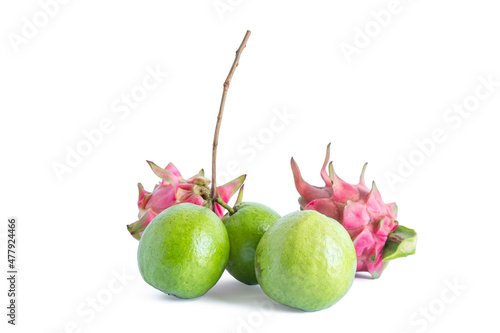 Common guava fruit and Pitaya fruit isolated on white background photo