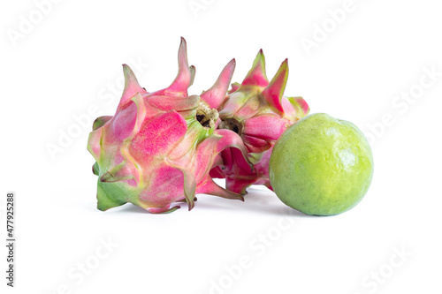 Pitaya fruit and common guava fruit isolated on white background photo