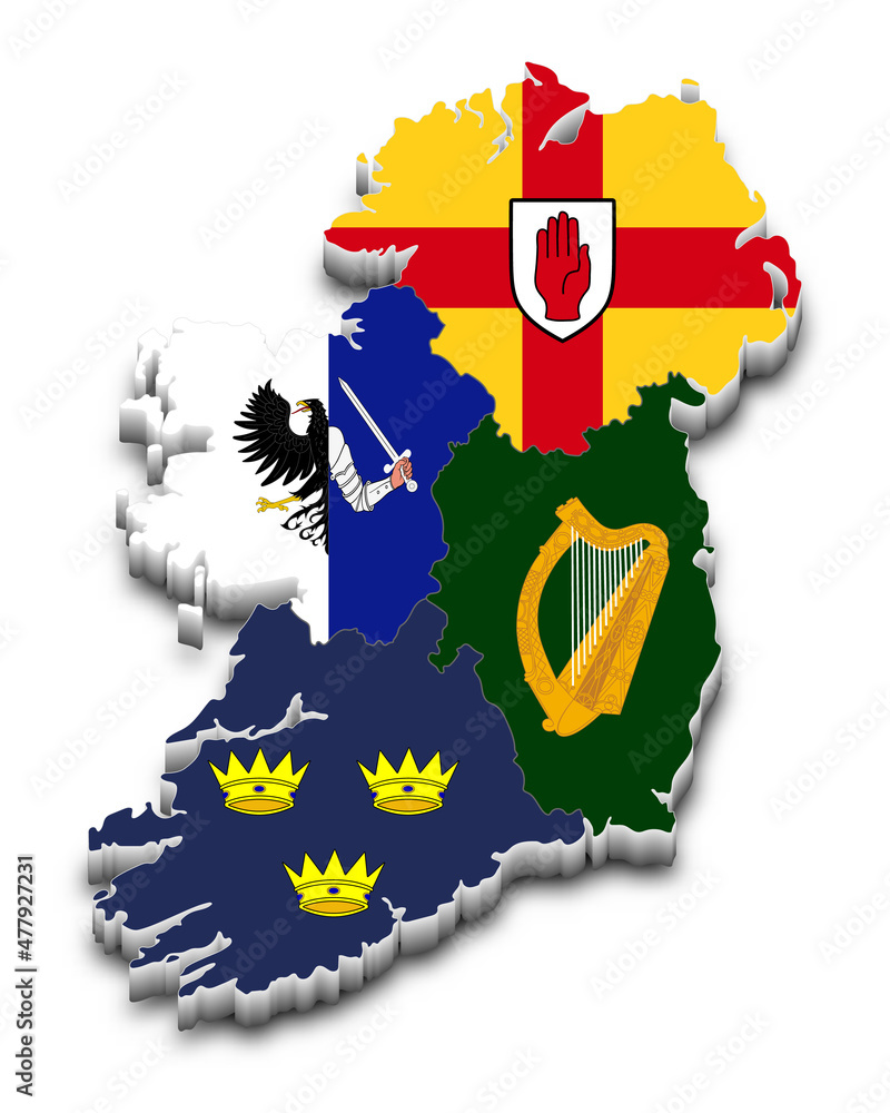 The four provinces flag of Ireland on 3d map. Leinster, Munster, Connacht  and Ulster. Vector illustration. All isolated on white background. Template  for design. Stock-Vektorgrafik | Adobe Stock