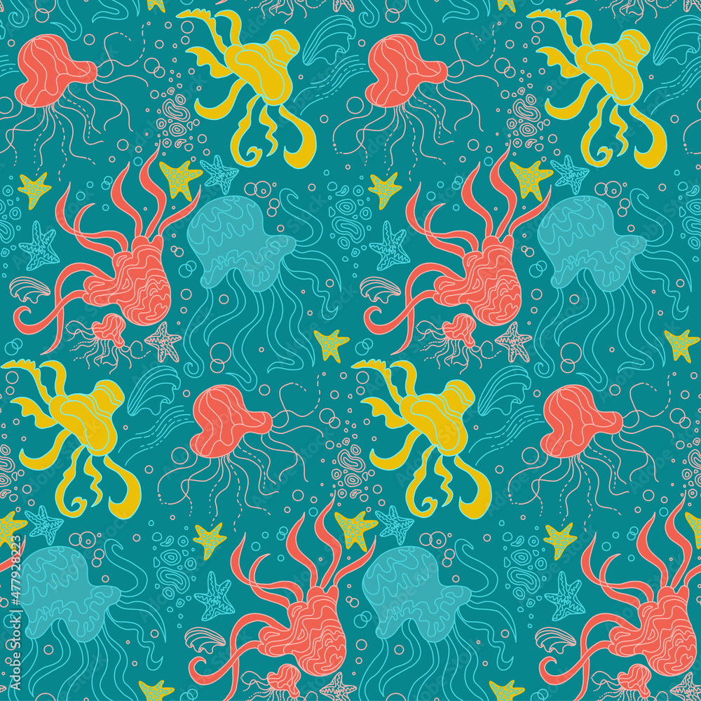 Obraz premium Seamless pattern with Underwater doodle illustration. Vector illustration with sea and ocean life