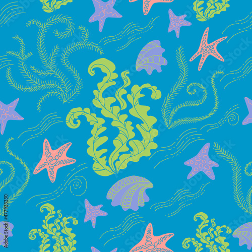 Seamless pattern with Underwater doodle illustration. Vector illustration with sea and ocean life