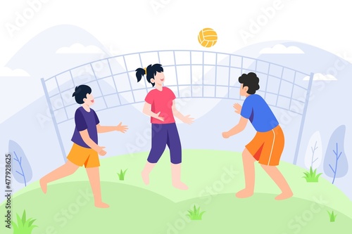 handdrawn flat design of people playing volley ball