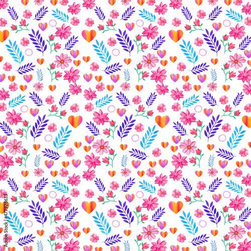 Seamless pattern with watercolor heart. Valentine's Day background, Beautiful vector floral summer seamless pattern with watercolor hand-drawn field wild flowers. Stock illustration. 
