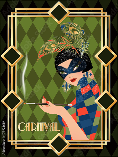 Woman in carnival mask, art deco style, vector illustration
