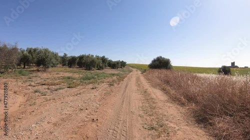 Via de la Plata, dirt road after El Cañuelo Alto in direction to Castilblanco, province of Seville, Andalusia, Spain - dolly forward photo