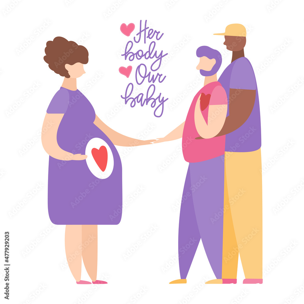 Couple with Surrogate Pregnant woman. Vector illustration flat cartoon style. Adoptive parents. Surrogacy. Couple with Surrogate Pregnant woman. Vector illustration flat cartoon style. Adoptive parents. Surrogacy.