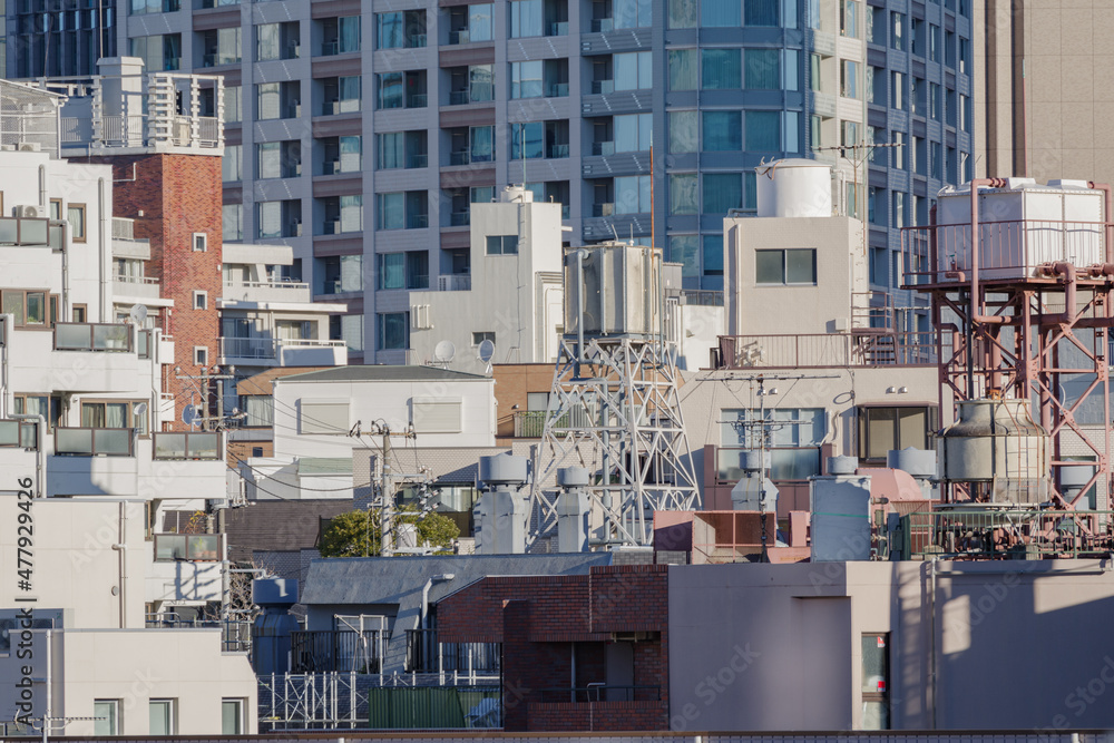 Fototapeta premium 東京はたくさんの大小の建物が建ち並ぶ。東京、赤坂8丁目の街の風景