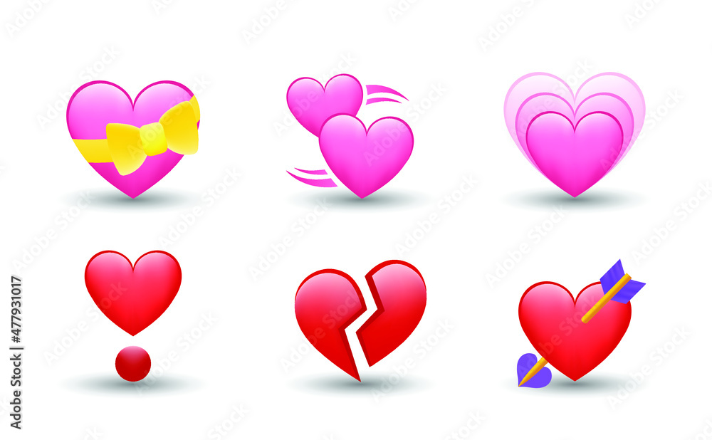6 Emoticon isolated on White Background. Isolated Vector Illustration. Heart Color Set Icons vector illustrations. Set of Hearts in different colors and types