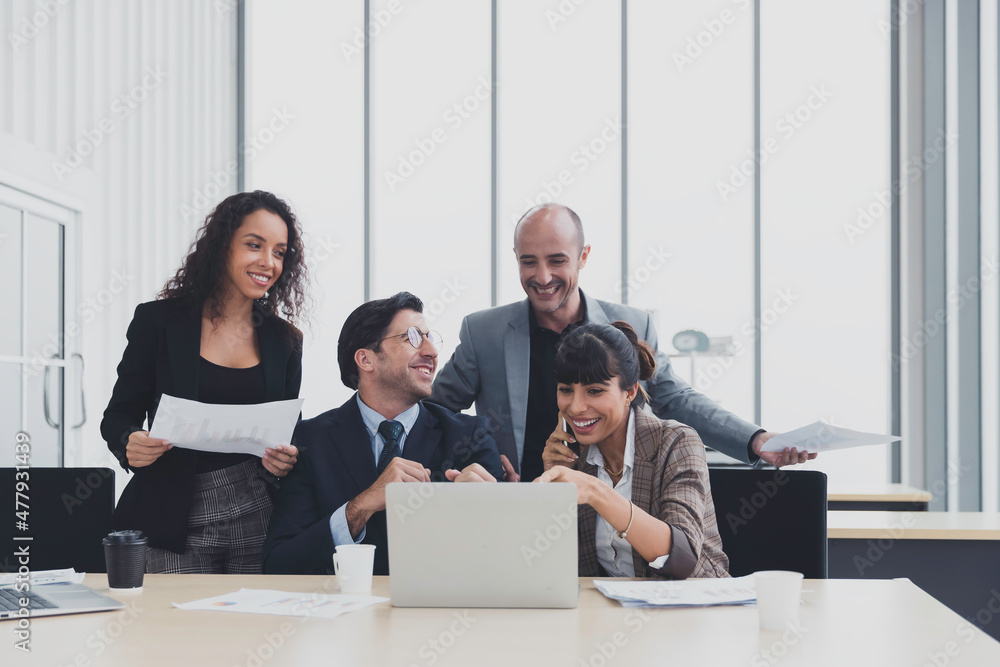 Fototapeta premium Diversity business group of people happy smiling working together in office, Business group in discussion meeting