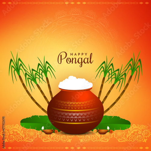 Happy Pongal festival card with clay pot and sugarcane