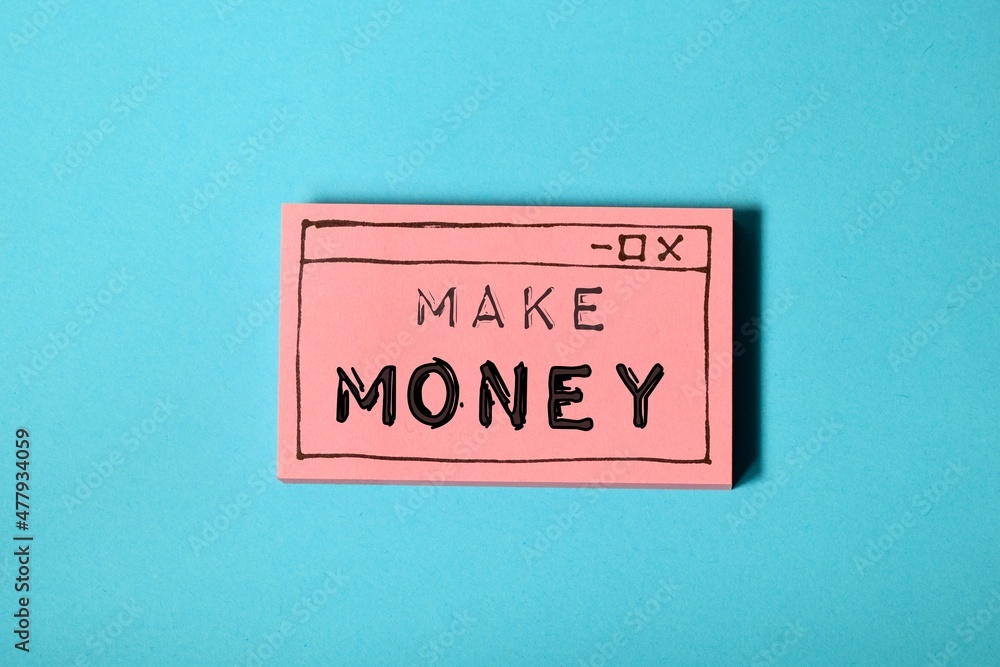 Obraz premium Make money inscription on hand drawn web browser window on blue background. Earning money online concept. 