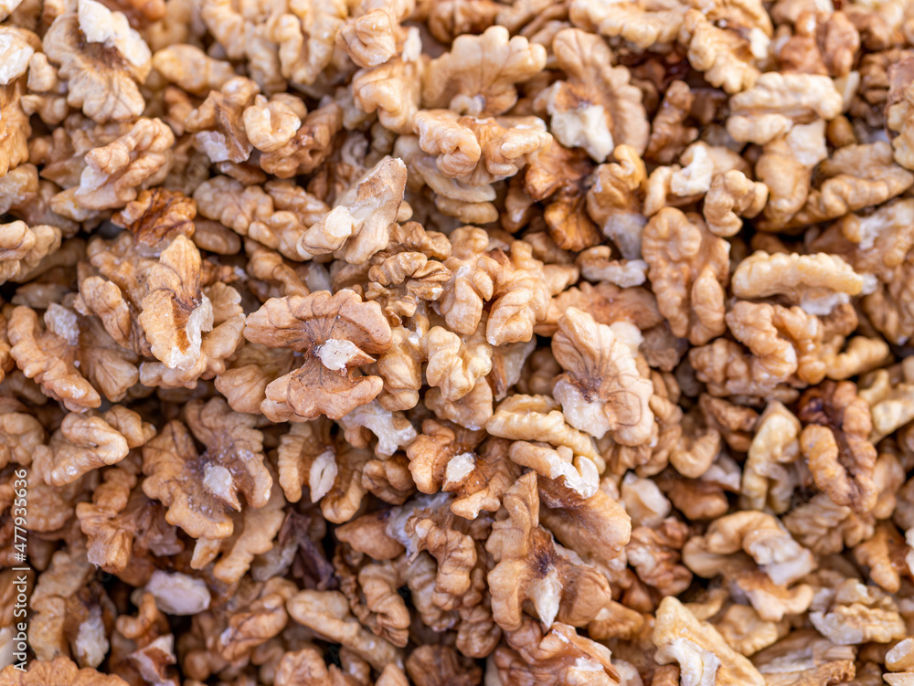 Pile of walnut kernels. Background texture from walnut kernels Pile of walnut kernels. Background texture from walnut kernels