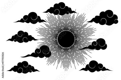 Sun and clouds. Graphic design element in oriental style.