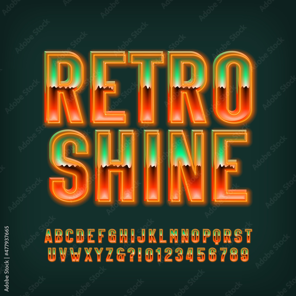 Fototapeta premium Retro Shine alphabet font. Neon glowing letters and numbers. Stock vector typescript for your typography in retro 80s style.