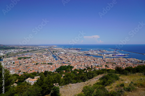 Sete town in French Mediterranean coast of Languedoc in aerial top view panorama photo