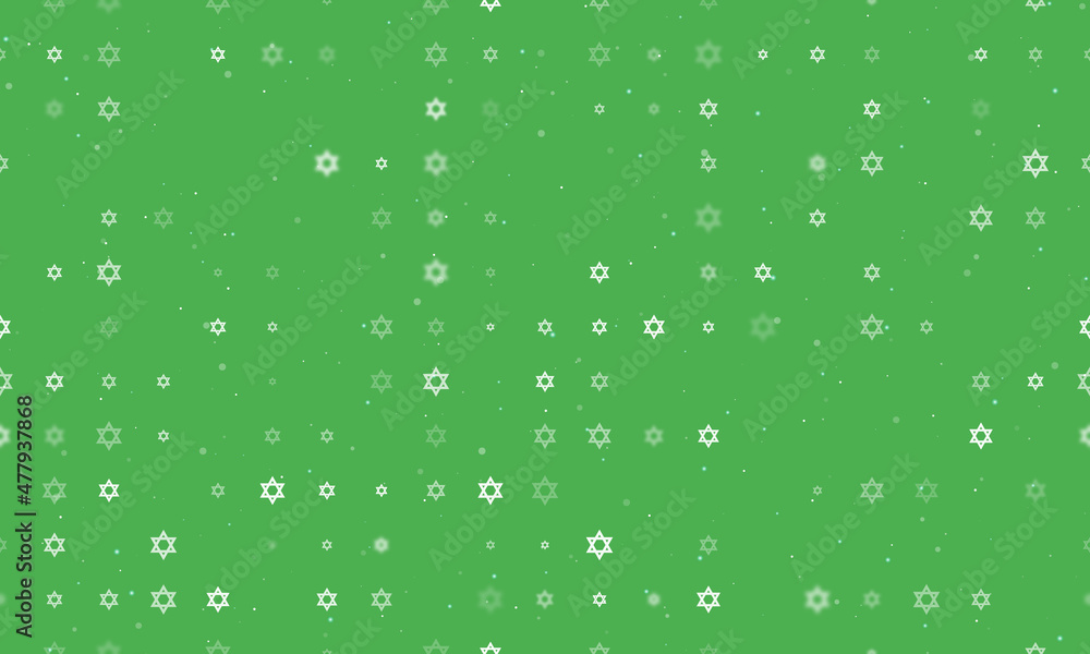 Seamless background pattern of evenly spaced white star of David symbols of different sizes and opacity. Vector illustration on green background with stars Seamless background pattern of evenly spaced white star of David symbols of different sizes and opacity. Vector illustration on green background with stars