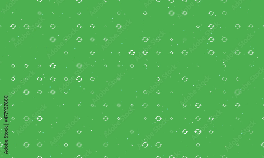 Seamless background pattern of evenly spaced white refresh symbols of different sizes and opacity. Vector illustration on green background with stars