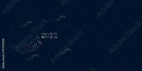 A 2022 year symbol filled with dots flies through the stars leaving a trail behind. Four small symbols around. Empty space for text on the right. Vector illustration on dark blue background with stars