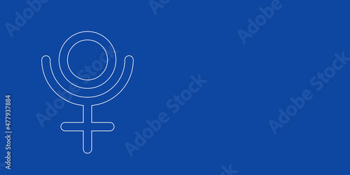 A large white outline astrological pluto symbol on the left. Designed as thin white lines. Vector illustration on blue background