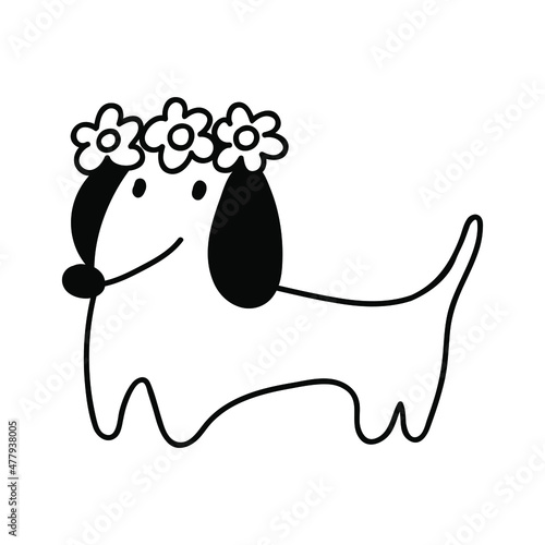 Little dachshund with flowers in his head. Spring season. Vector outline illustration on white background.  