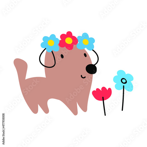 Funny dog sniff flowers. Vector illustration on white background.