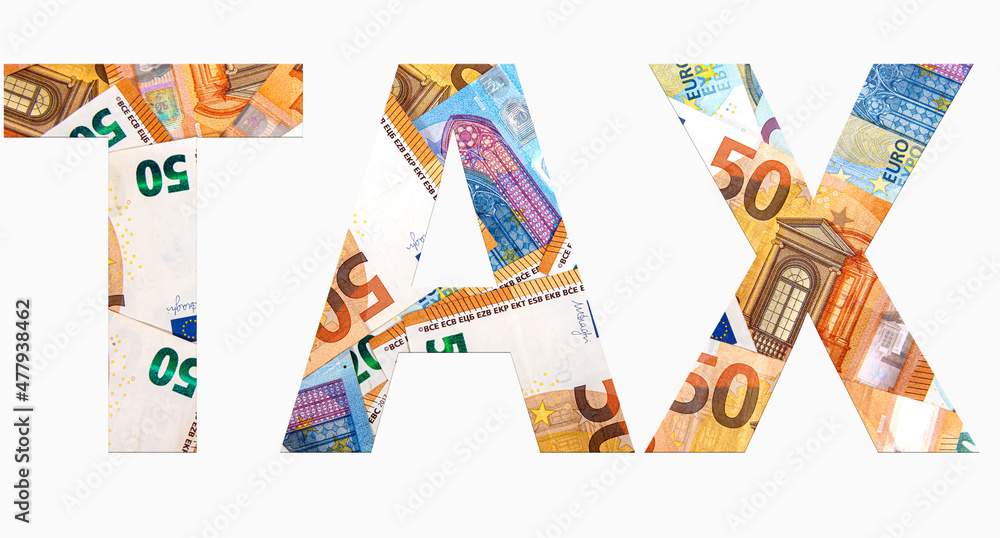 word TAX from euro banknotes on white background, money texture