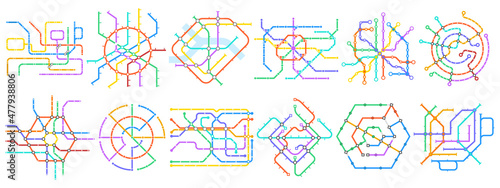 Metro subway maps, public transport, underground tube schemes. Subway transportation schemes, public transport plan vector illustration set. Underground train stations maps