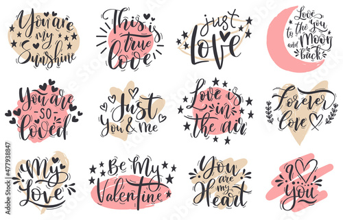 Handwritten romantic love valentines day lettering quotes. Happy valentines day romantic phrases vector illustration set. Lettering positive calligraphy elements
