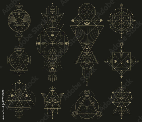 Mystic sacred geometric linear shapes, abstract mystical signs. Abstract sacred linear shapes vector illustration set. Geometric occult sacramental symbols