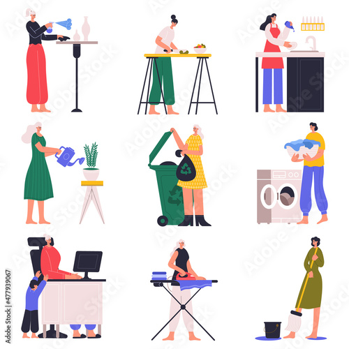 Housewife doing housework, cooking, vacuuming and cleaning. Housewives cleaning house and washing dishes vector illustration set. Woman housewife does housework photo