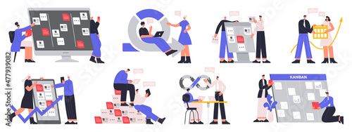 Agile software development team, devOps, kanban board, scrum sprint scheme. IT software development team workflow vector illustration set. DevOps team work strategy