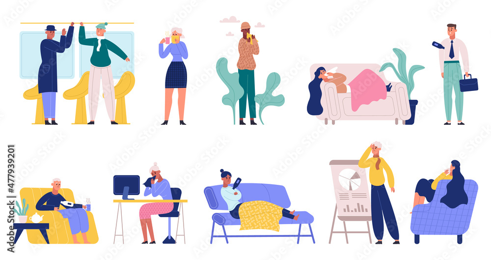 Sick people suffering from flu, cold in office or at home. Adult sick people with fever, headache and sneezing vector illustration set. Humans with flu or virus symptoms