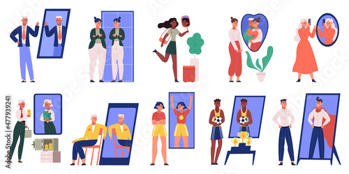 People look in mirror, self confident male and female characters. Self absorbed, narcissistic characters vector illustration set. Self confidence, motivation scenes