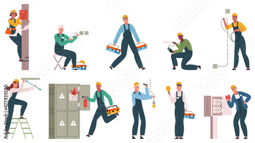 Professional electrician workers in uniform service electrical grid. Electricians service power grids, changing lamp bulb vector illustration set. Electricians workers scenes