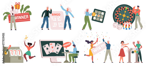 People playing casino gambling, lottery, poker and fortune wheel. Casino winners, lucky slot machine, roulette and bingo players vector illustration set. Gambling scenes