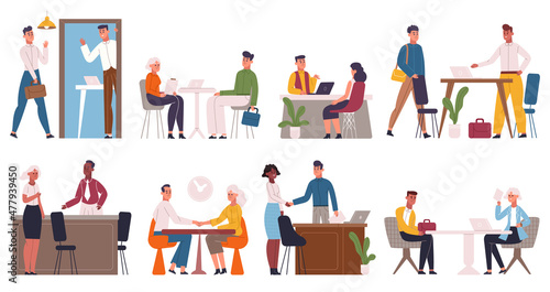 Job interview  recruitment and hiring process. Company hr workers talking to job seekers vector illustration set. Business job interview scenes