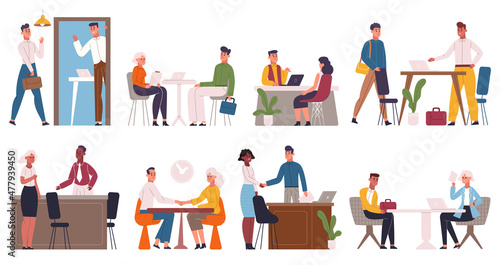 Job interview, recruitment and hiring process. Company hr workers talking to job seekers vector illustration set. Business job interview scenes