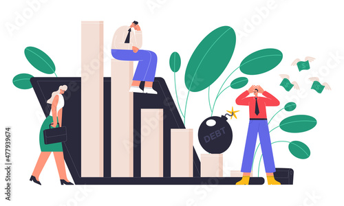 Business problems, bankruptcy, company ratings drop concept. Company financial trouble, economy failure company employee vector illustration. Financial troubles scenes