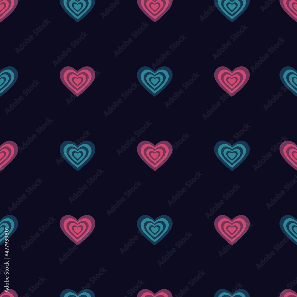 Hearts seamless pattern in flat vector style. On a dark background. A holiday of love. Illustration with cute hearts for background, graphics, content, banner, fabric, pape