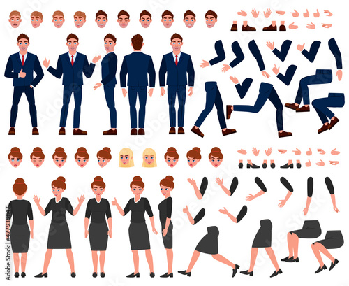 Cartoon business people constructor, poses, facial expressions, gestures. Business characters creation elements vector illustration set. Office people constructor
