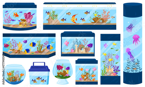 Cartoon aquariums with underwater fish, algae and corals. Aquarium underwater fish pet vector illustration set. Aquaria environment with sea wildlife