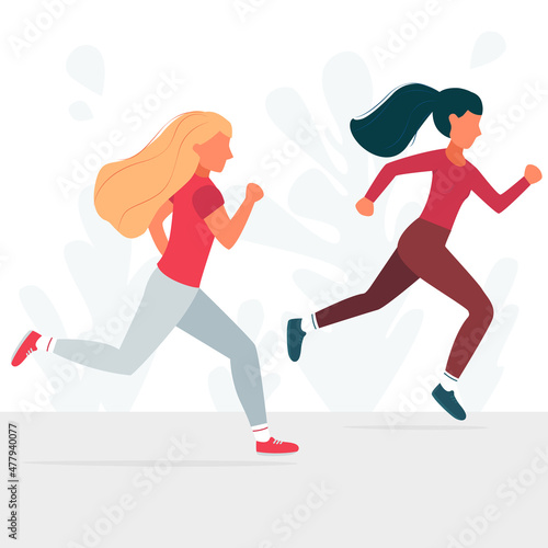 Two girls run to the distillation. Women in running competitions.