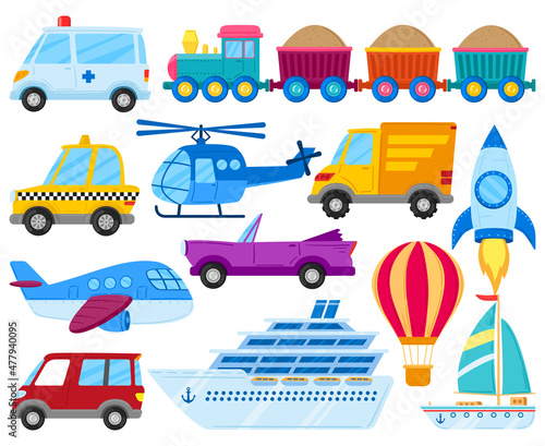 Cartoon kids play vehicles, car, rocket, airplane, train and boat. Childish transportation, boat, hot air balloon, rocket vector illustration set. Children toy transport
