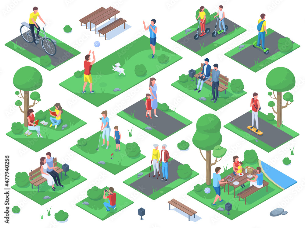 Isometric people walking, jogging, sitting on bench in city park. Park ...